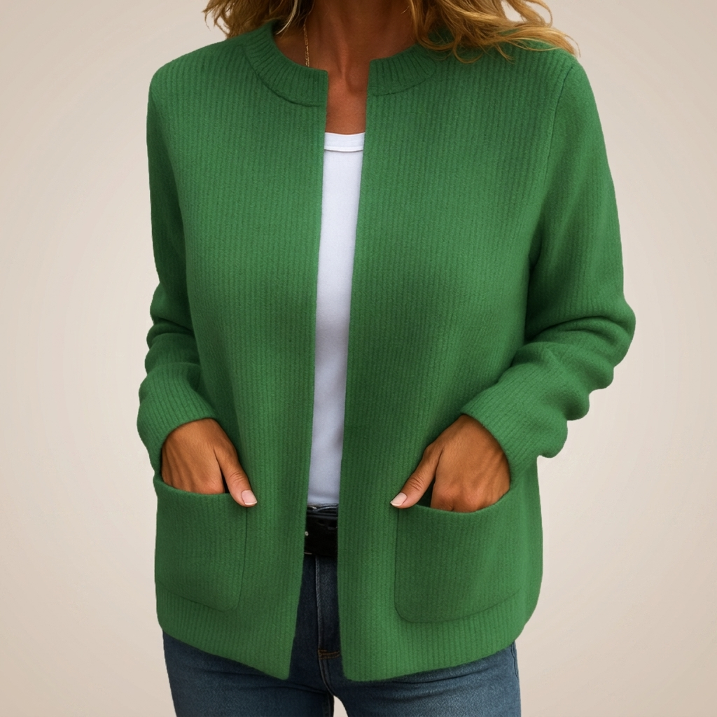 Woman wearing ribbed open front cardigan with pockets