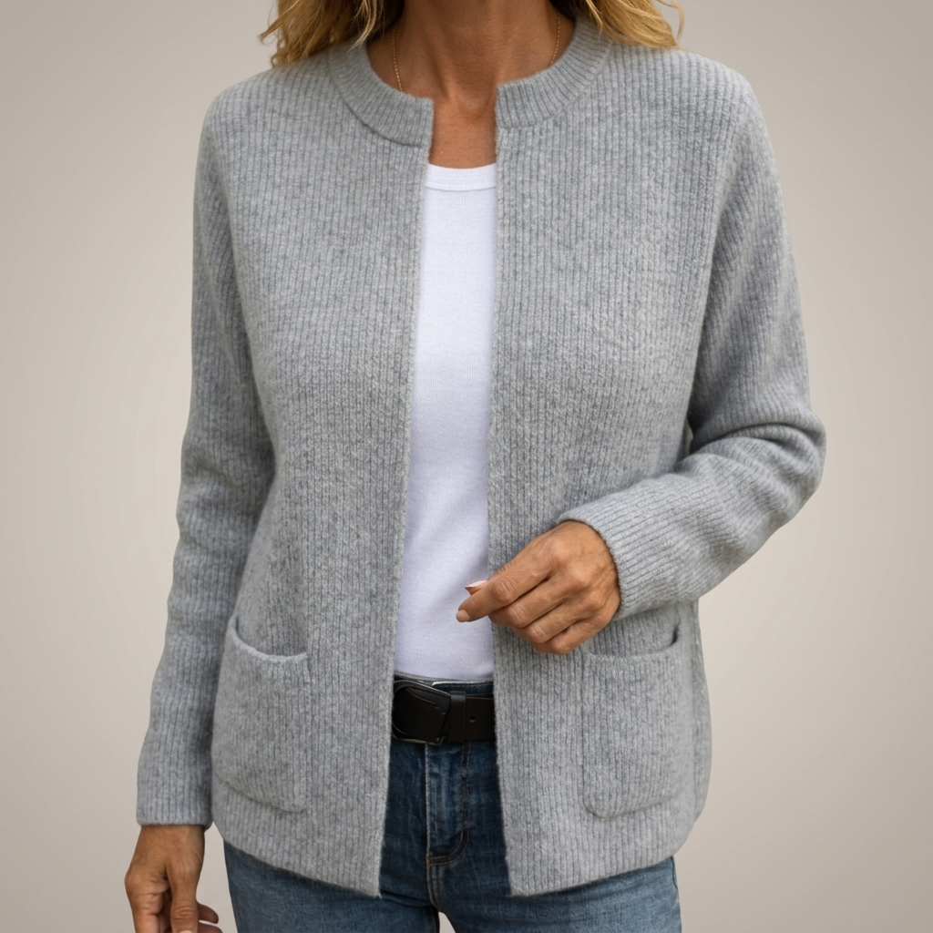 Woman wearing ribbed open front cardigan with pockets