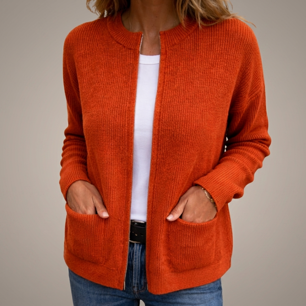 Woman wearing ribbed open front cardigan with pockets