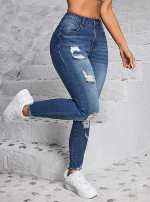 Blue Ripped Pants for Women | Casual