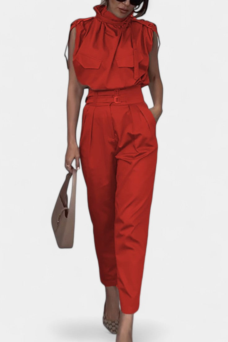 Ruffled Collar Jumpsuit | Belted Design | Flattering Straight Cut | Perfect for Any Occasion