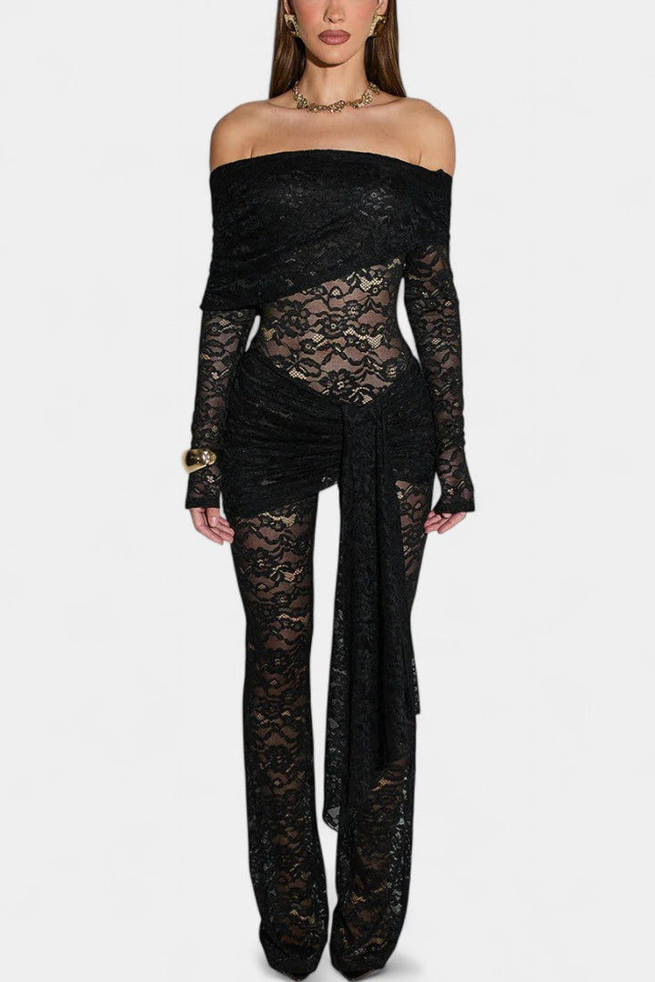 Bardot Set | Sheer Lace Top with Ruffled Mini Skirt | Flirty and Feminine | Perfect for Parties and Nights Out