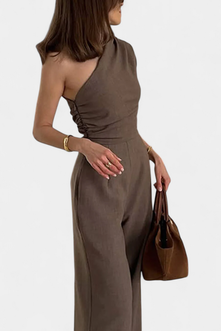 Asymmetrical One-Shoulder Jumpsuit | Ruched Accents | Elegant Evening Wear | Magnolia Color
