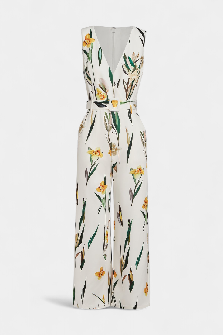 White V-Neck Jumpsuit | Belted Waist Design | Flattering Fit for Any Occasion | Elegant and Versatile Style