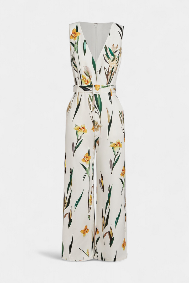 White V-Neck Jumpsuit | Belted Waist Design | Flattering Fit for Any Occasion | Elegant and Versatile Style
