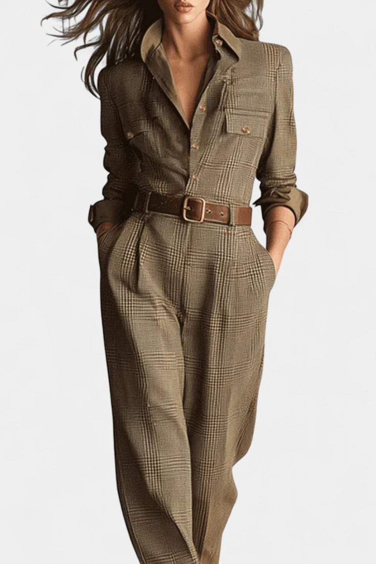Checkered Tweed Jumpsuit | Adjustable Belt | Chic and Comfortable Fit | Brown Color