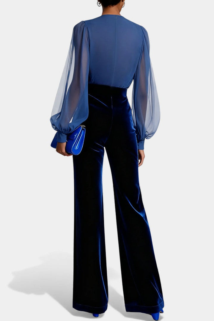 V-Neck Blue Velvet Jumpsuit | Elegant Long Sleeves | Perfect for Special Occasions | Luxurious Soft Fabric