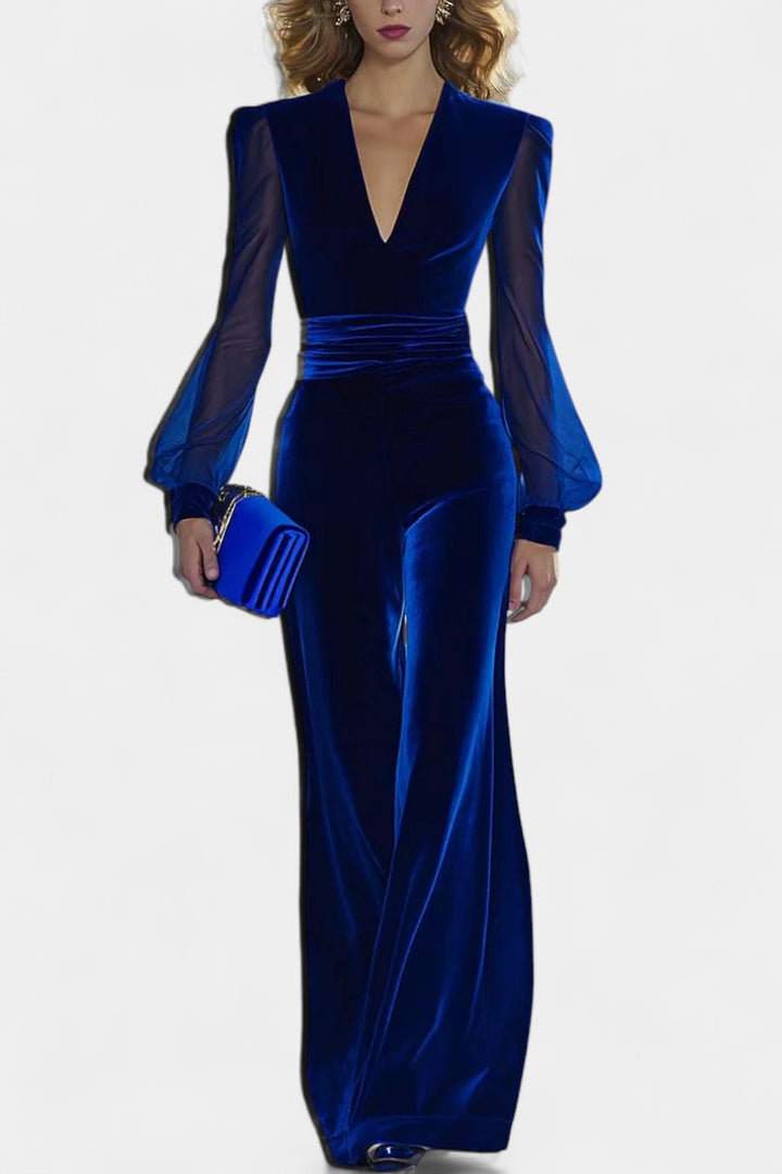 V-Neck Velvet Jumpsuit | Long Sleeves | Elegant and Comfortable | Perfect for Any Occasion