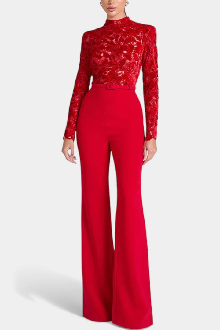 Flocked Lace High Neck Jumpsuit | Elegant Design | Perfect for Special Occasions | Chic and Comfortable Fit