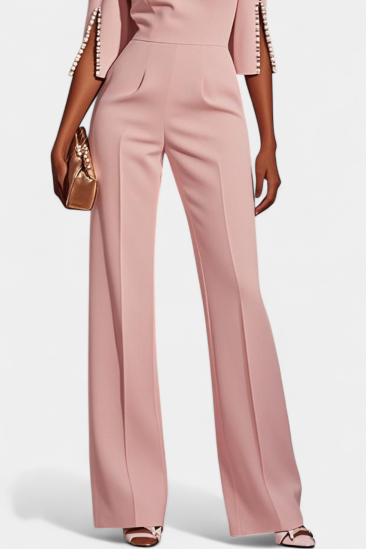 Three-Quarter Sleeve Jumpsuit | Elegant Pearl Accents | Perfect for Special Occasions | Comfortable and Versatile Design