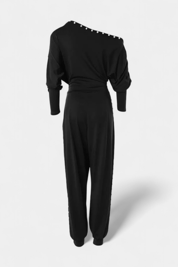 Asymmetrical Beaded Jumpsuit | Elegant Straight Leg Design | Perfect for Special Occasions | Chic and Comfortable Style