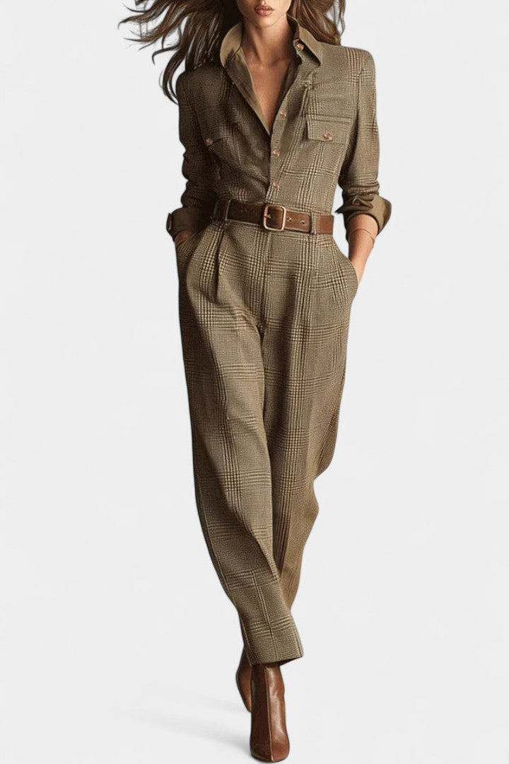 Checkered Tweed Jumpsuit | Adjustable Belt | Chic and Comfortable Fit | Brown Color