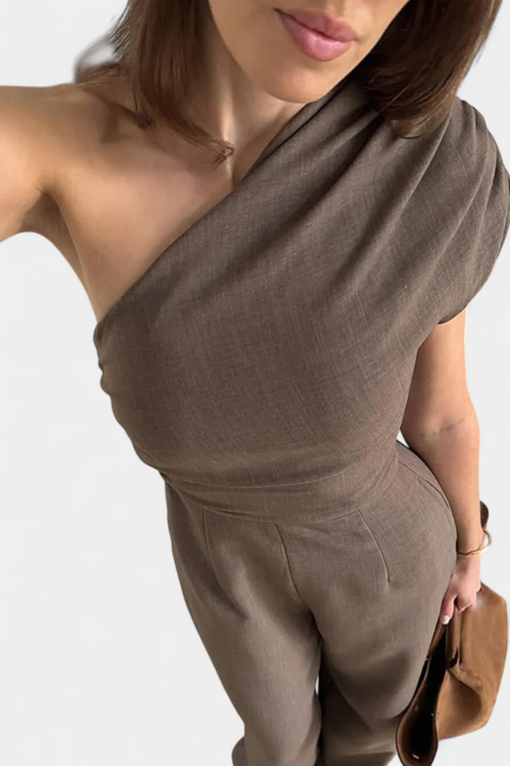 Asymmetrical One-Shoulder Jumpsuit | Ruched Accents | Elegant Evening Wear | Magnolia Color