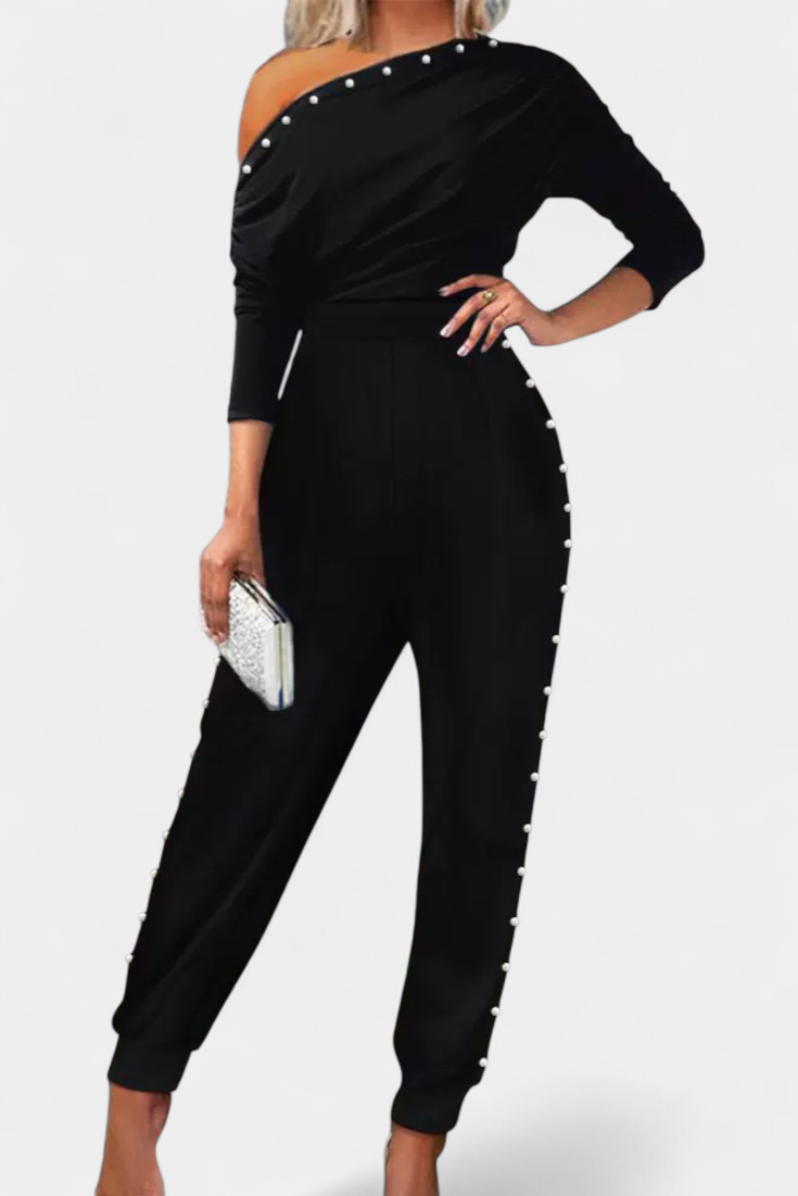 Asymmetrical Beaded Jumpsuit | Elegant Straight Leg Design | Perfect for Special Occasions | Chic and Comfortable Style