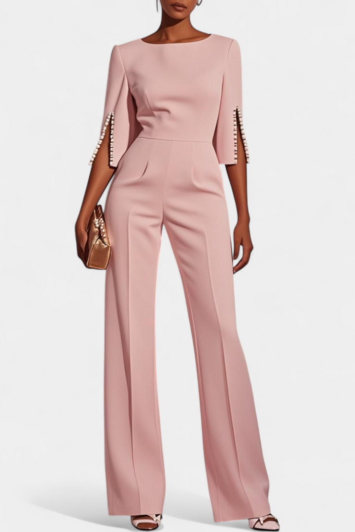 Three-Quarter Sleeve Jumpsuit | Elegant Pearl Accents | Perfect for Special Occasions | Comfortable and Versatile Design