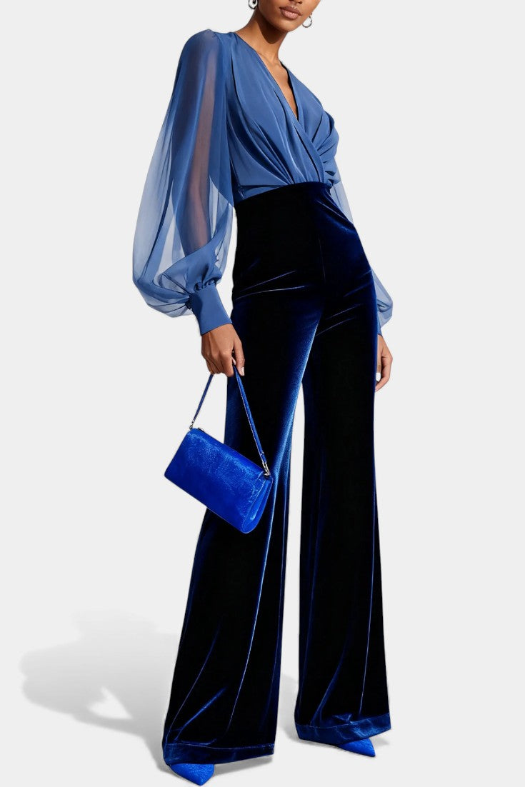 V-Neck Blue Velvet Jumpsuit | Elegant Long Sleeves | Perfect for Special Occasions | Luxurious Soft Fabric