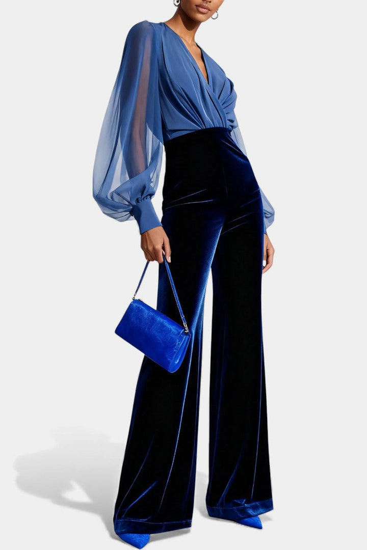 V-Neck Blue Velvet Jumpsuit | Elegant Long Sleeves | Perfect for Special Occasions | Luxurious Soft Fabric