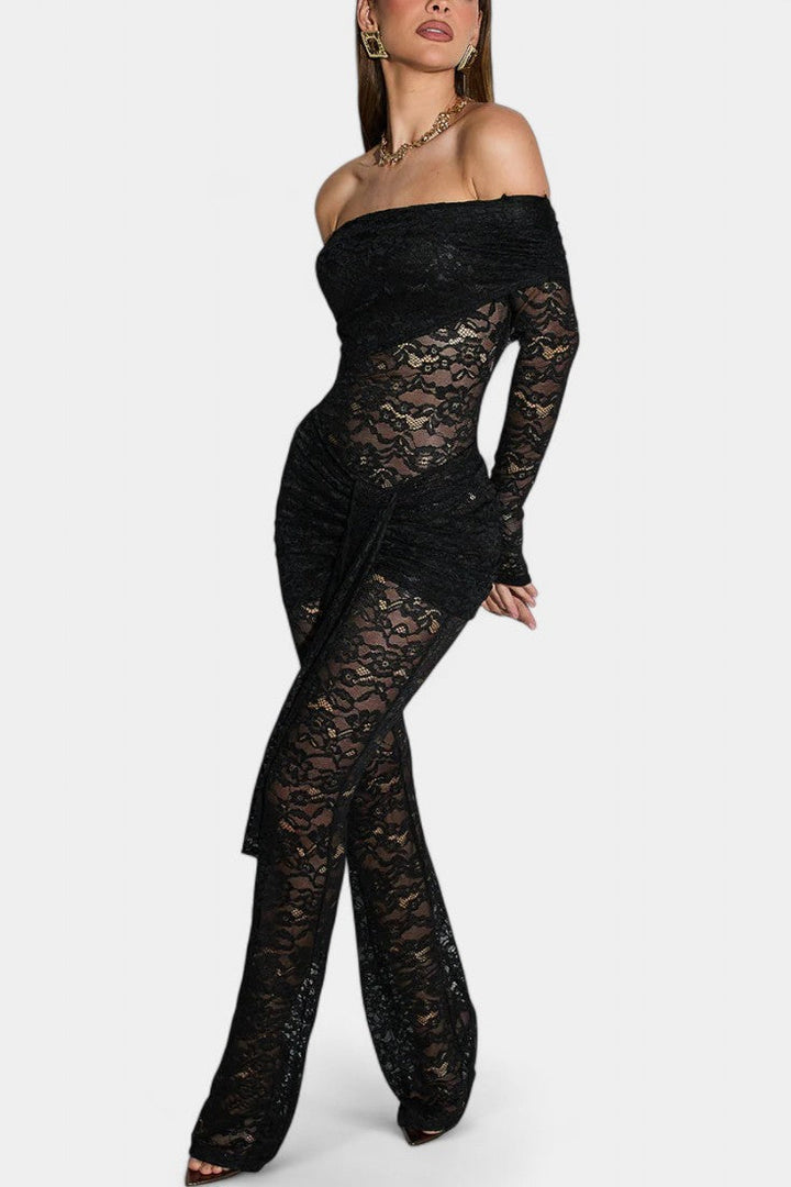 Bardot Set | Sheer Lace Top with Ruffled Mini Skirt | Flirty and Feminine | Perfect for Parties and Nights Out