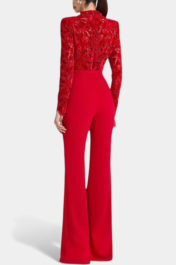 Flocked Lace High Neck Jumpsuit | Elegant Design | Perfect for Special Occasions | Chic and Comfortable Fit