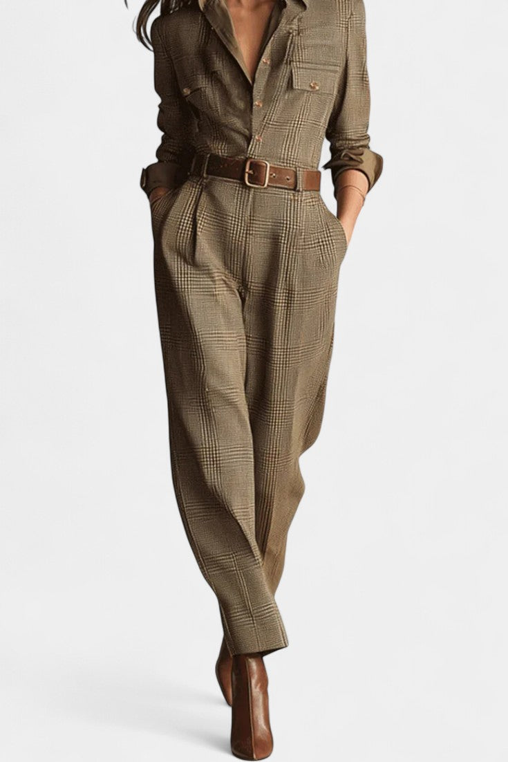 Checkered Tweed Jumpsuit | Adjustable Belt | Chic and Comfortable Fit | Brown Color