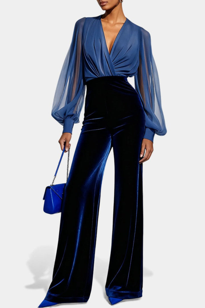 V-Neck Blue Velvet Jumpsuit | Elegant Long Sleeves | Perfect for Special Occasions | Luxurious Soft Fabric