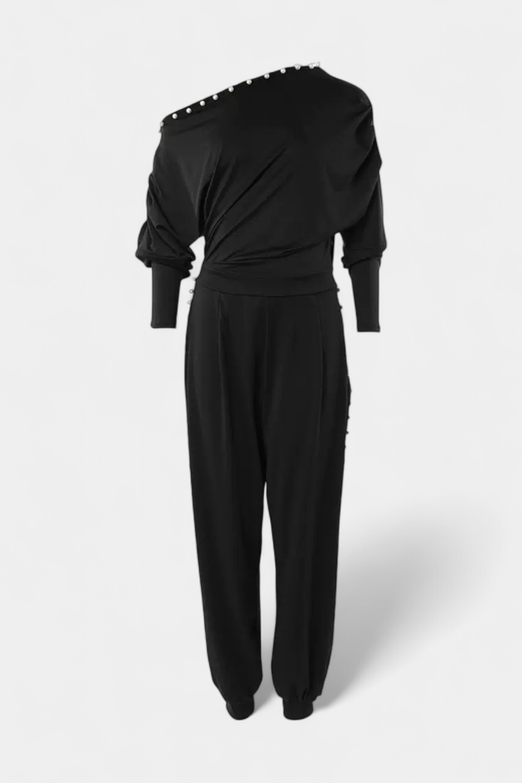 Asymmetrical Beaded Jumpsuit | Elegant Straight Leg Design | Perfect for Special Occasions | Chic and Comfortable Style