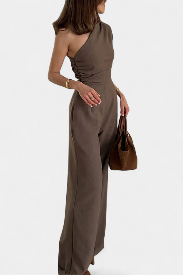 Asymmetrical One-Shoulder Jumpsuit | Ruched Accents | Elegant Evening Wear | Magnolia Color