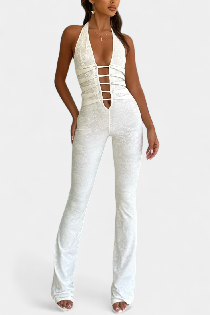 Floral Lace Halter Jumpsuit | Open Back Design | Elegant and Chic | Perfect for Special Occasions