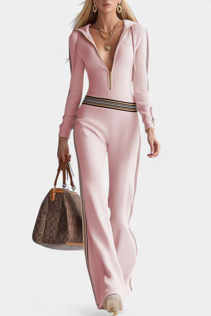 Knitted Jumpsuit | Contrast Striped Design | Cozy Hooded Style | Perfect for Casual Outings