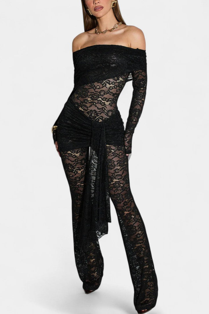 Bardot Set | Sheer Lace Top with Ruffled Mini Skirt | Flirty and Feminine | Perfect for Parties and Nights Out