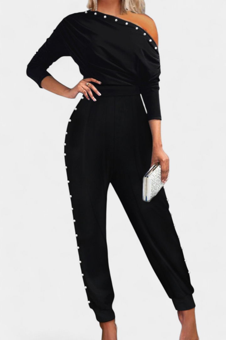 Asymmetrical Beaded Jumpsuit | Elegant Straight Leg Design | Perfect for Special Occasions | Chic and Comfortable Style