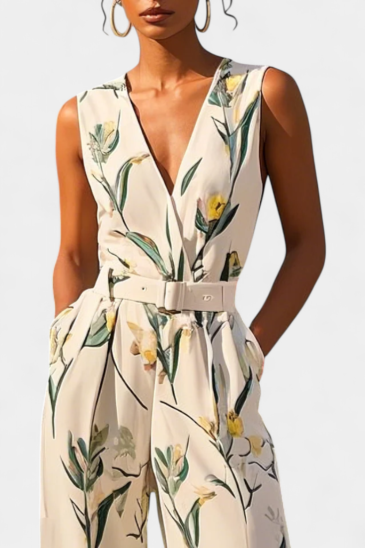 White V-Neck Jumpsuit | Belted Waist Design | Flattering Fit for Any Occasion | Elegant and Versatile Style