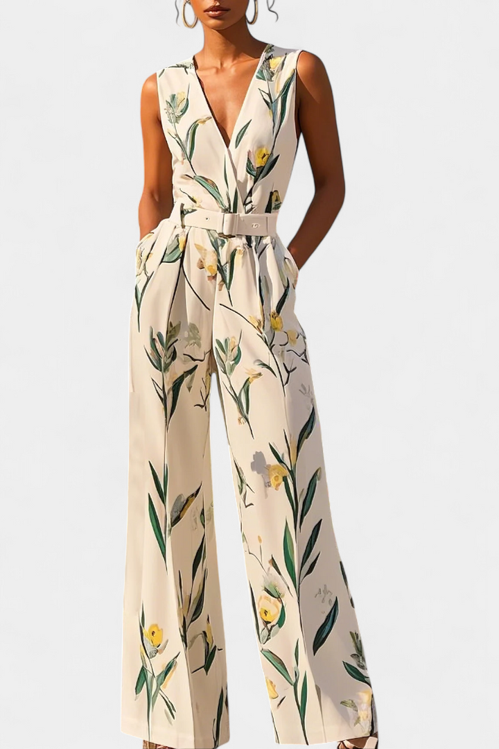 White V-Neck Jumpsuit | Belted Waist Design | Flattering Fit for Any Occasion | Elegant and Versatile Style