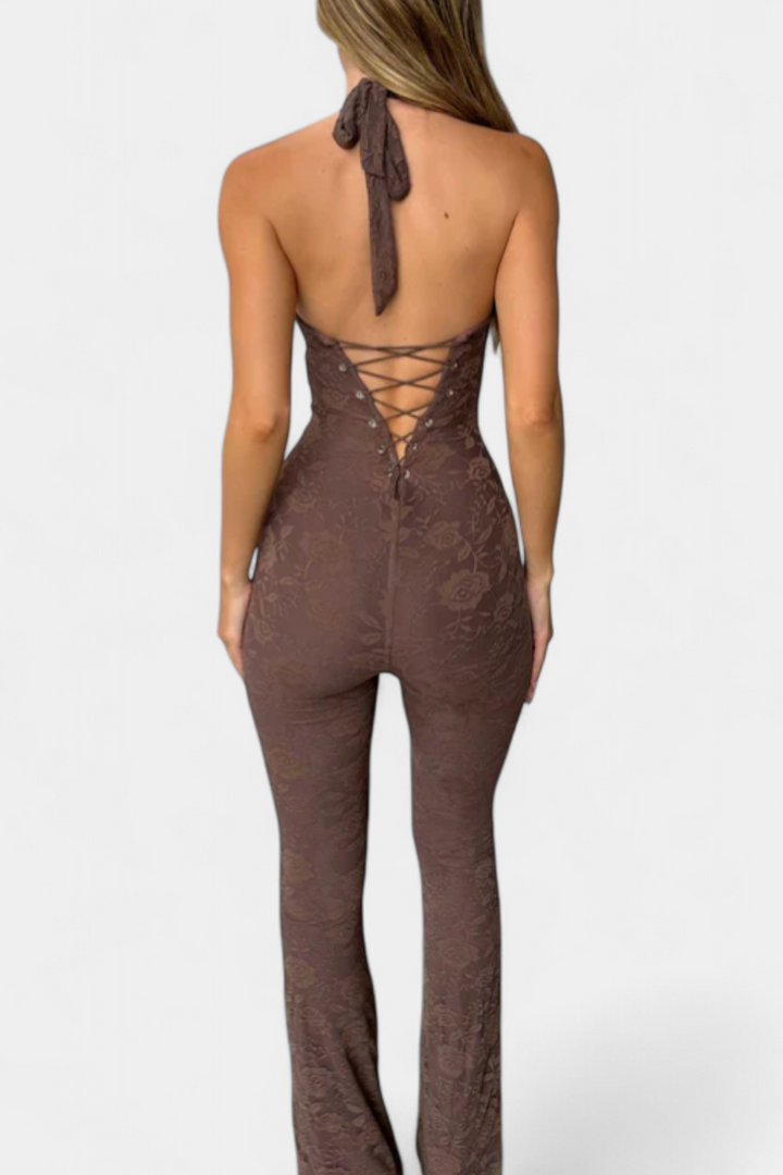Floral Lace Halter Jumpsuit | Open Back Design | Elegant and Chic | Perfect for Special Occasions