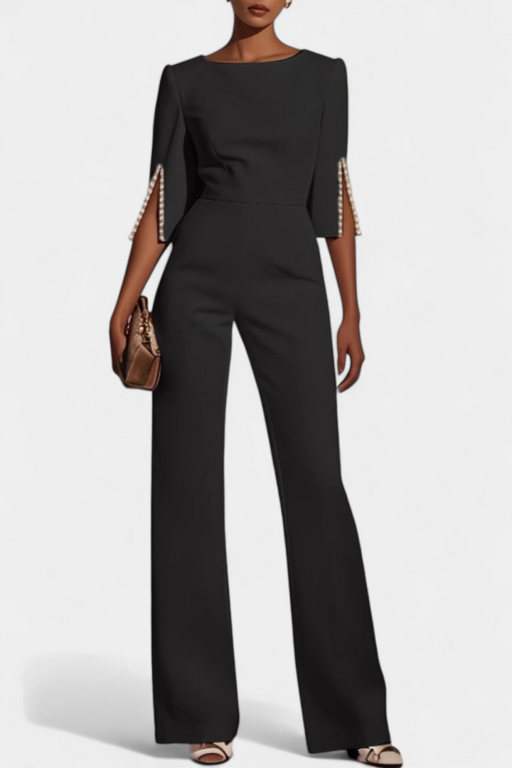 Three-Quarter Sleeve Jumpsuit | Elegant Pearl Accents | Perfect for Special Occasions | Comfortable and Versatile Design