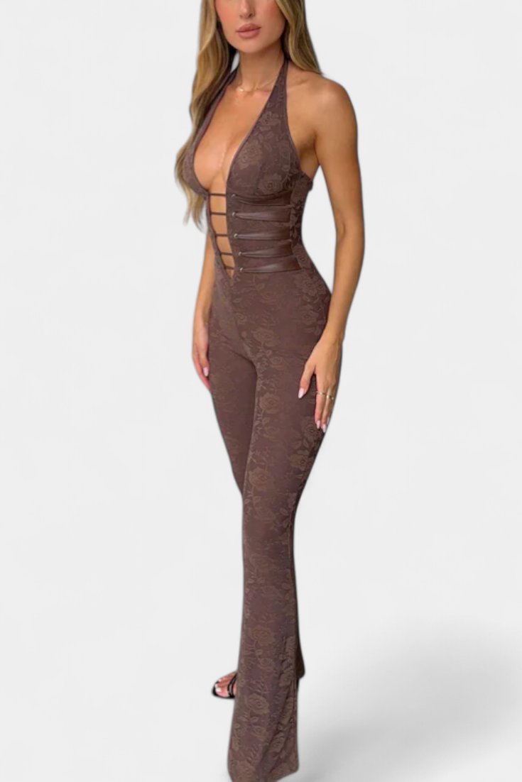 Floral Lace Halter Jumpsuit | Open Back Design | Elegant and Chic | Perfect for Special Occasions