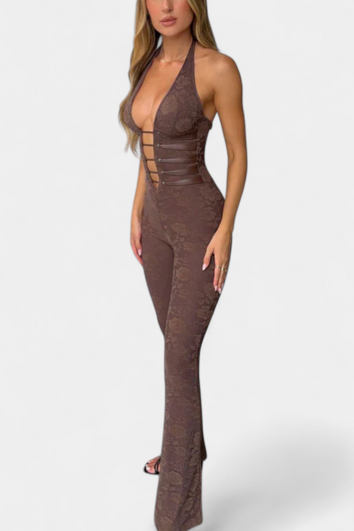 Floral Lace Halter Jumpsuit | Open Back Design | Elegant and Chic | Perfect for Special Occasions