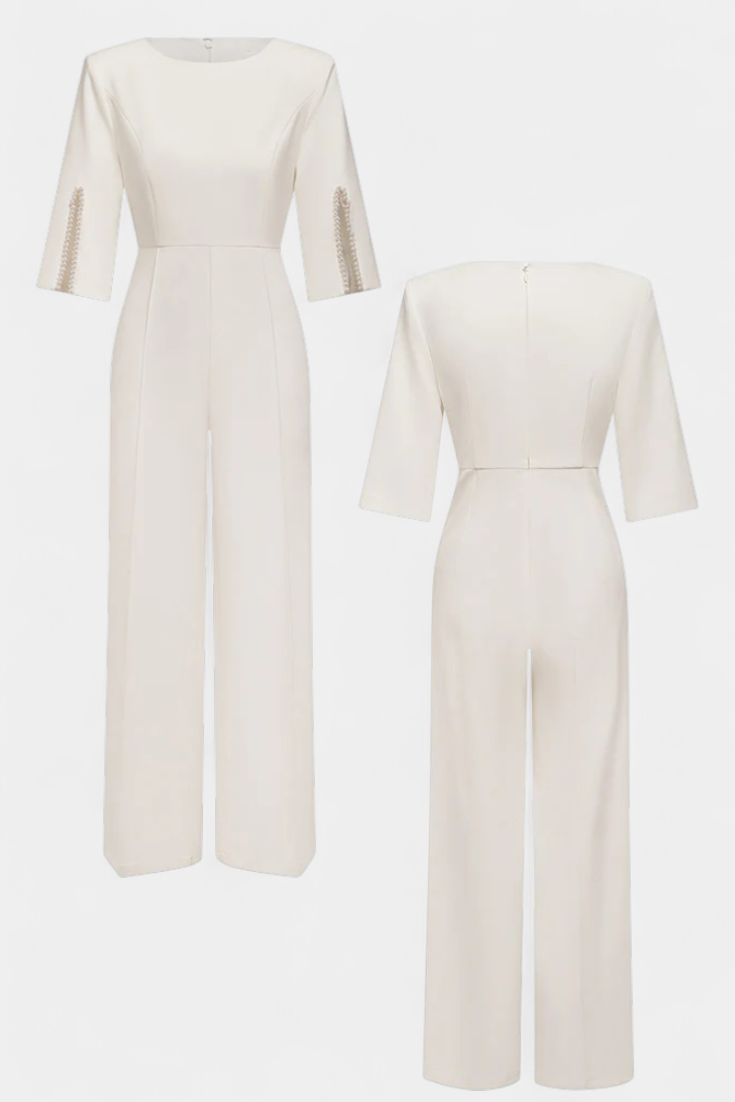 Three-Quarter Sleeve Jumpsuit | Elegant Pearl Accents | Perfect for Special Occasions | Comfortable and Versatile Design