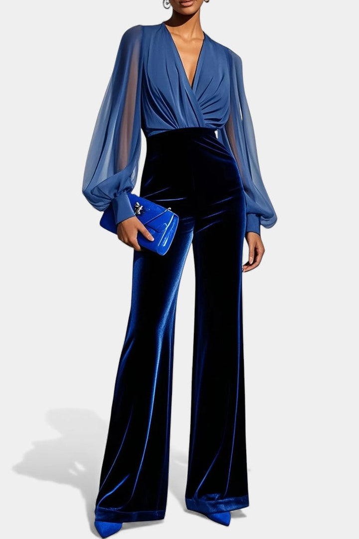 V-Neck Blue Velvet Jumpsuit | Elegant Long Sleeves | Perfect for Special Occasions | Luxurious Soft Fabric