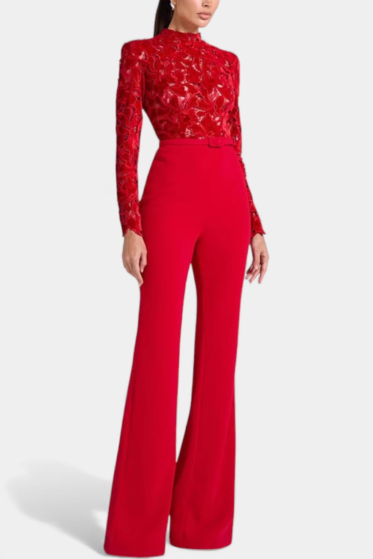Flocked Lace High Neck Jumpsuit | Elegant Design | Perfect for Special Occasions | Chic and Comfortable Fit