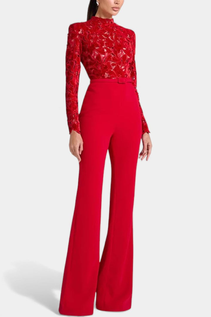 Flocked Lace High Neck Jumpsuit | Elegant Design | Perfect for Special Occasions | Chic and Comfortable Fit