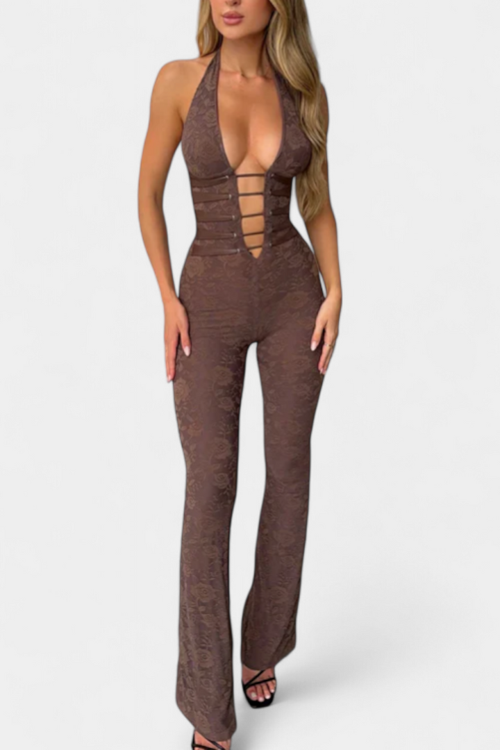 Floral Lace Halter Jumpsuit | Open Back Design | Elegant and Chic | Perfect for Special Occasions