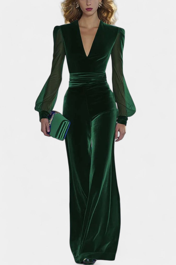V-Neck Velvet Jumpsuit | Long Sleeves | Elegant and Comfortable | Perfect for Any Occasion