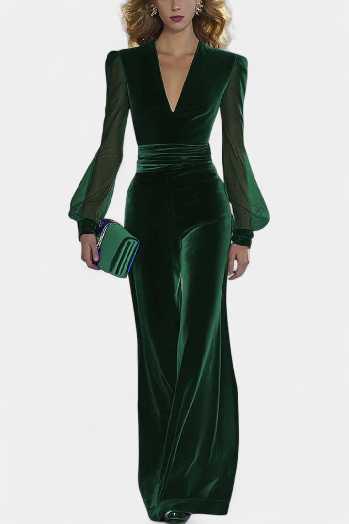 V-Neck Velvet Jumpsuit | Long Sleeves | Elegant and Comfortable | Perfect for Any Occasion