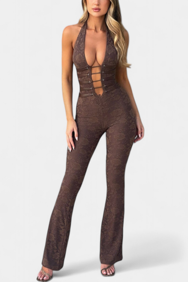 Floral Lace Halter Jumpsuit | Open Back Design | Elegant and Chic | Perfect for Special Occasions