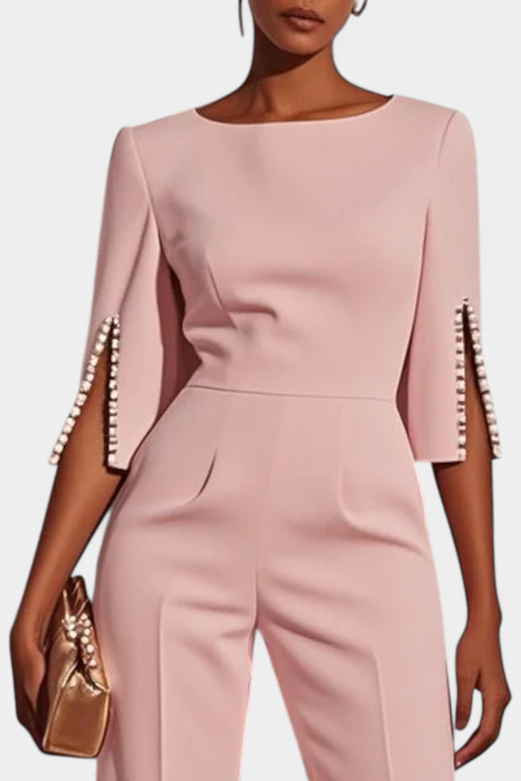 Three-Quarter Sleeve Jumpsuit | Elegant Pearl Accents | Perfect for Special Occasions | Comfortable and Versatile Design