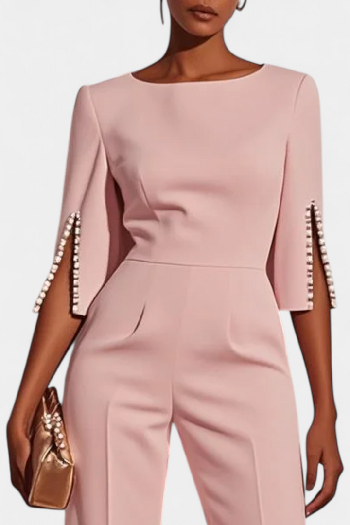 Three-Quarter Sleeve Jumpsuit | Elegant Pearl Accents | Perfect for Special Occasions | Comfortable and Versatile Design