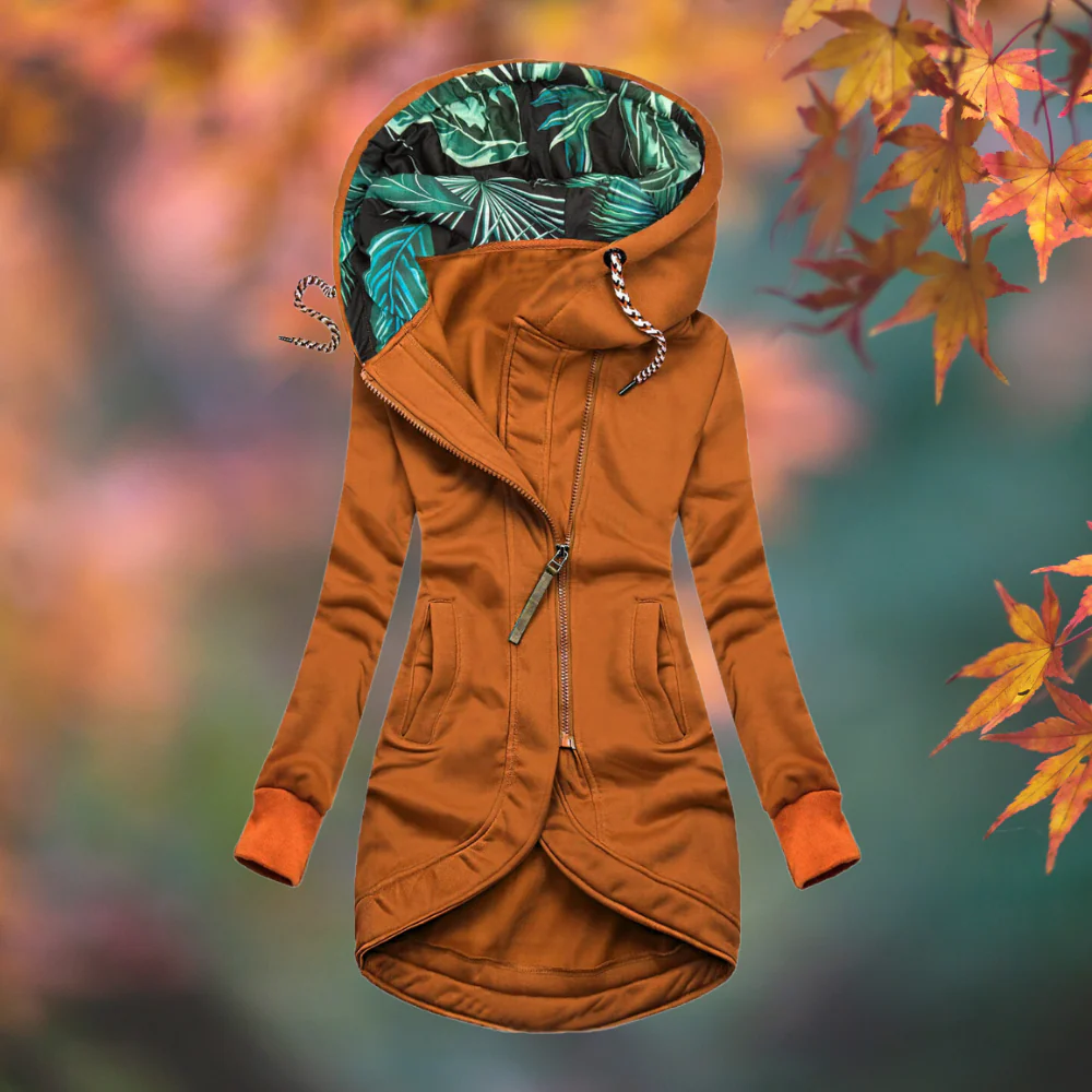 Woman wearing hooded rain coat with slim fit