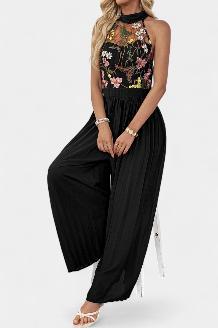 Floral Lace Halter Jumpsuit | Elegant Pleated Palazzo Pants | Perfect for Special Occasions | Lightweight Fabric
