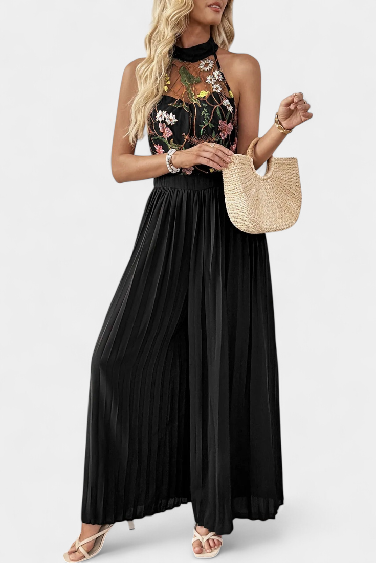 Floral Lace Halter Jumpsuit | Elegant Pleated Palazzo Pants | Perfect for Special Occasions | Lightweight Fabric